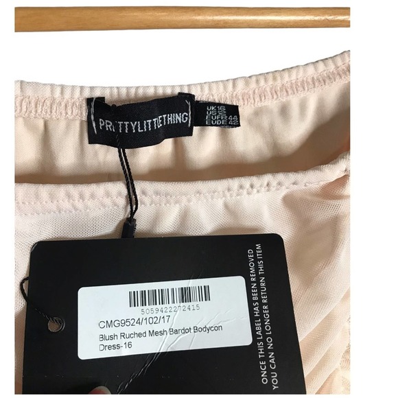 PrettyLittleThing | New Blush Ruched Mesh Bardot Bodycon Dress - Picture 8 of 12